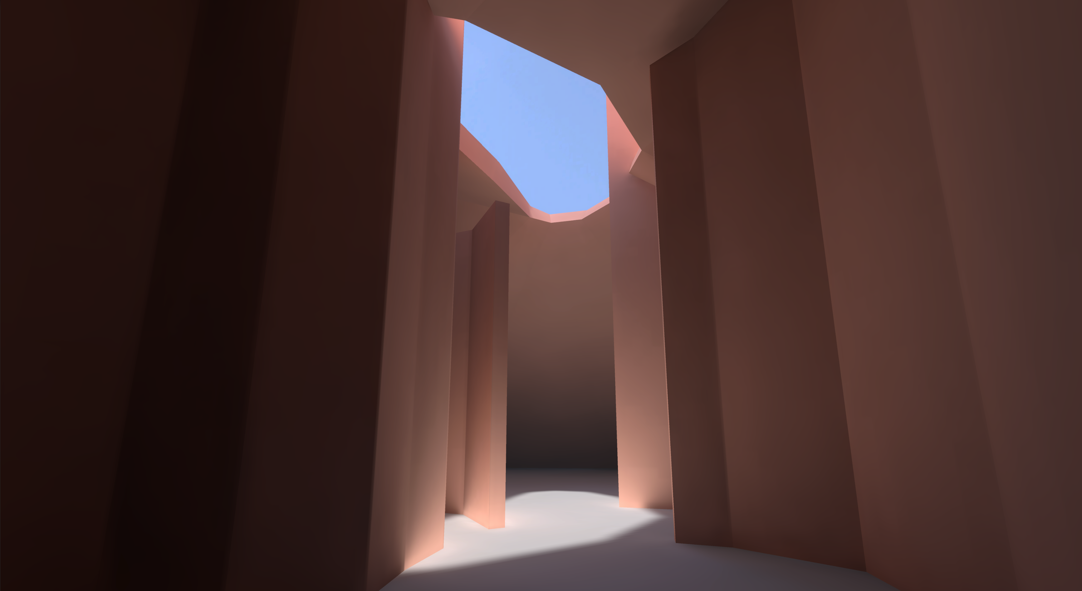 Skylight letting the sun blast through into an otherwise dark maze.